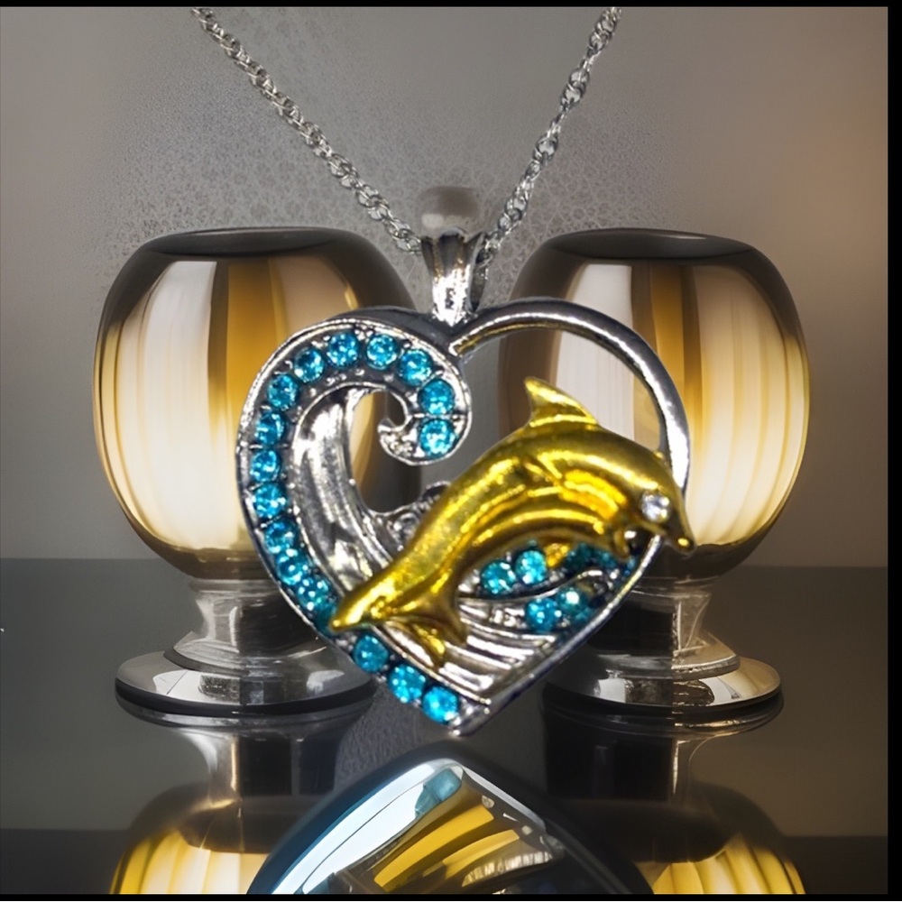Golden Dolphin Riding The Wave Through A Heart Diamond Eye Pendant S925 Necklace